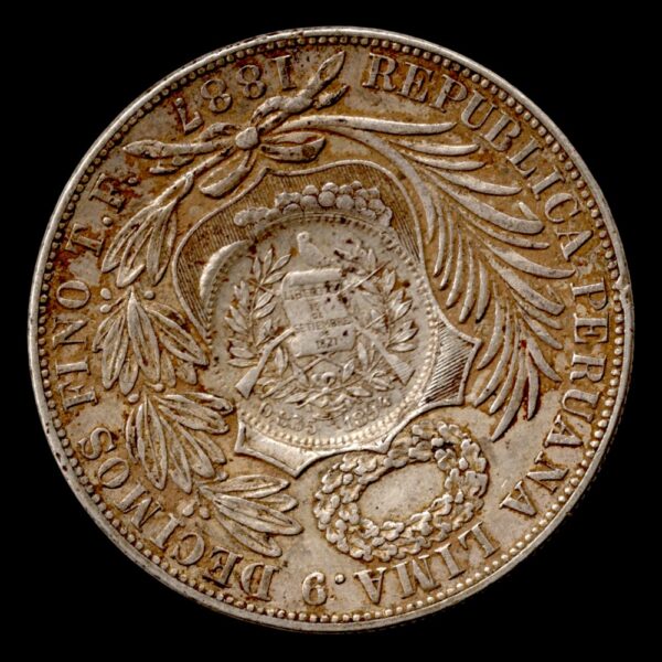 Guatemala 1 Peso 1894 resellado Sobre Perú 1887 KM#224 - Imagen 2