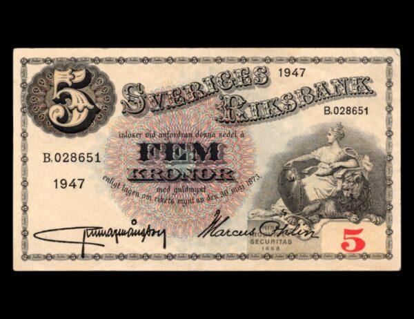 Suecia 5 Fem Kronor 1947 P#33
