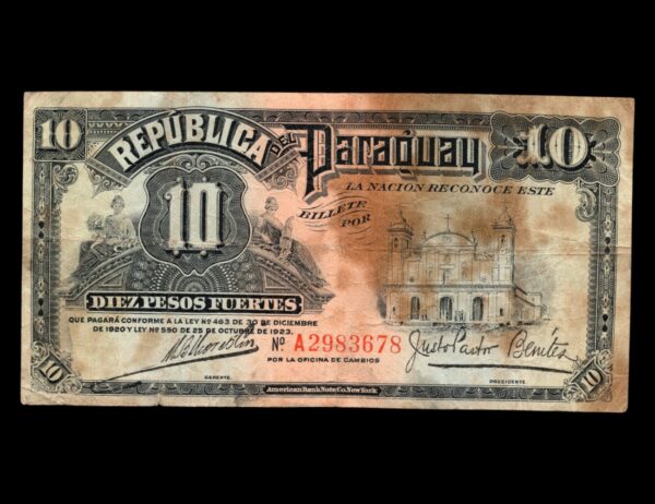 Paraguay 10 Pesos Fuertes 1923 Oficina de Cambios P#1504