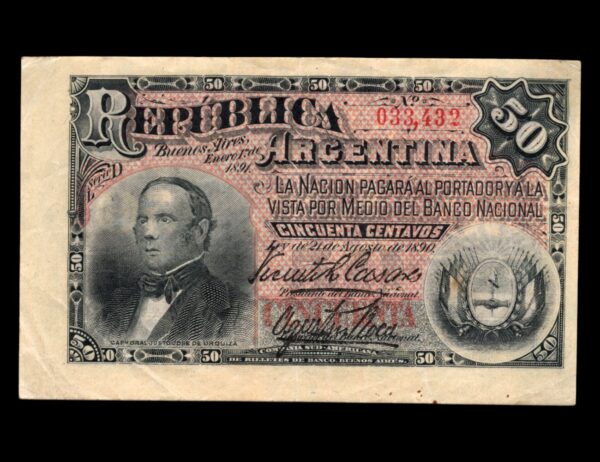 Argentina 50 Centavos 1892 Urquiza Tipo 1 Escudo Con Banderas Bot#1026